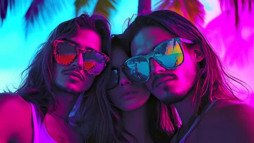 Neon gradient lighting sculpts three friends in reflective sunglasses