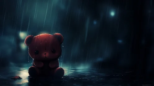 Red plush bear in nighttime rain on reflective wet ground.