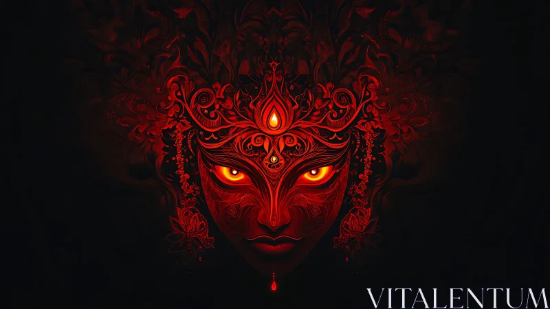 Fiery ornamental demon mask with glowing eyes in darkness.