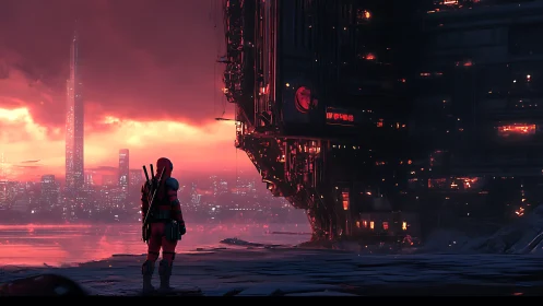 Solitary armored figure facing neon sci fi megastructure.