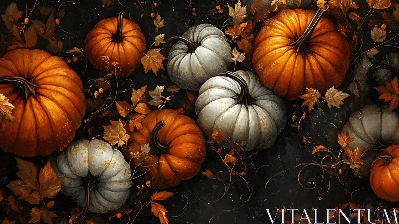 Autumn pumpkins glow over dark leaves in rich contrast.