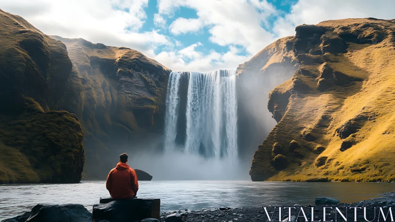 Solitary figure observing misty waterfall in golden canyon.