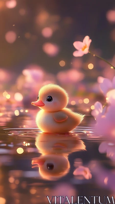 Soft yellow duckling floating on reflective spring water.