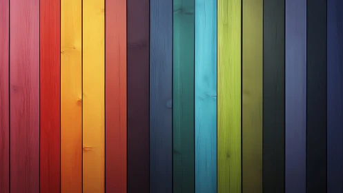 Vertical rainbow wood planks forming a colorful wall.