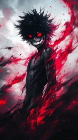 Demonic anime figure with red energy trails and high-contrast lighting