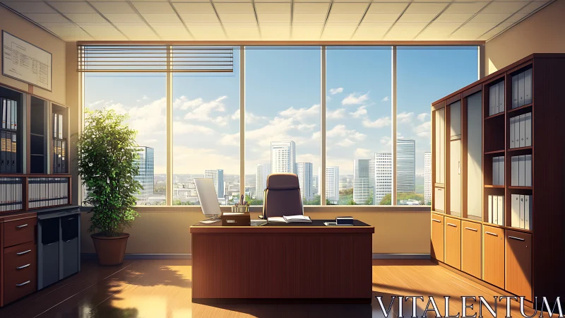 High-rise Executive Office with City Skyline View and Modern Furnishings