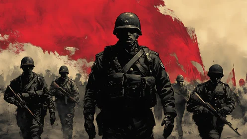 Grim soldiers stride beneath a storm of red and smoke.