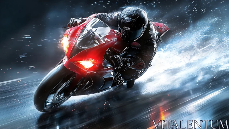 High-speed red sportbike leaning into wet asphalt corner at night