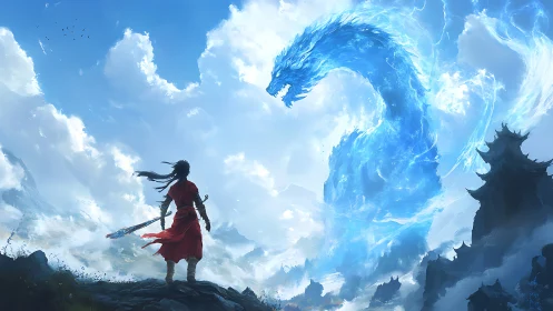 Skyward meeting between lone wanderer and swirling dragon spirit.