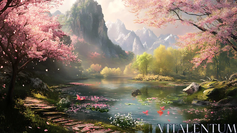 Serene mountain lake with cherry blossoms and soft sunlight.