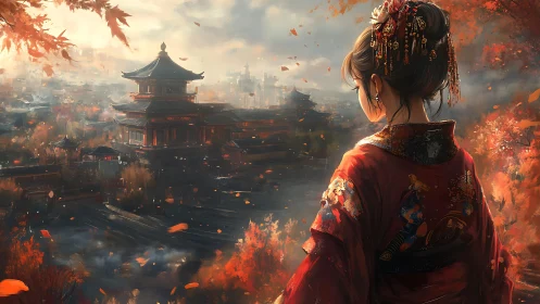 Autumn-cloaked woman quietly overlooks a misty ancient city