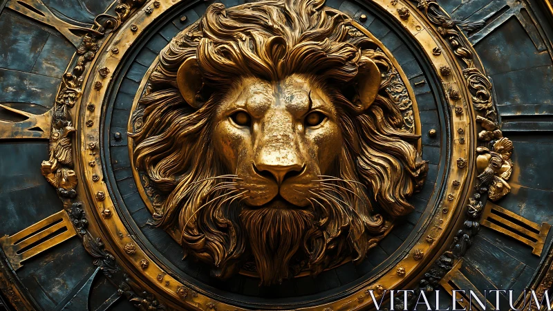 Regal bronze lion relief dominates ornate clockface center