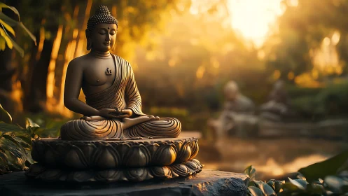 Serene Buddha statue glows in golden garden sunset light