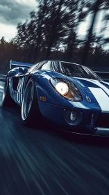 Photorealistic low-angle render of blue racing car in motion.