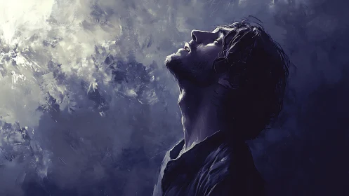 Man in side profile under stormy sky in moody blue light.