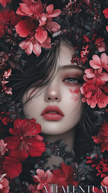 Portrait of pale woman framed by vivid red blossoms