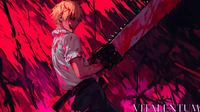 Blood-soaked chainsaw wielder rendered in dynamic red lighting