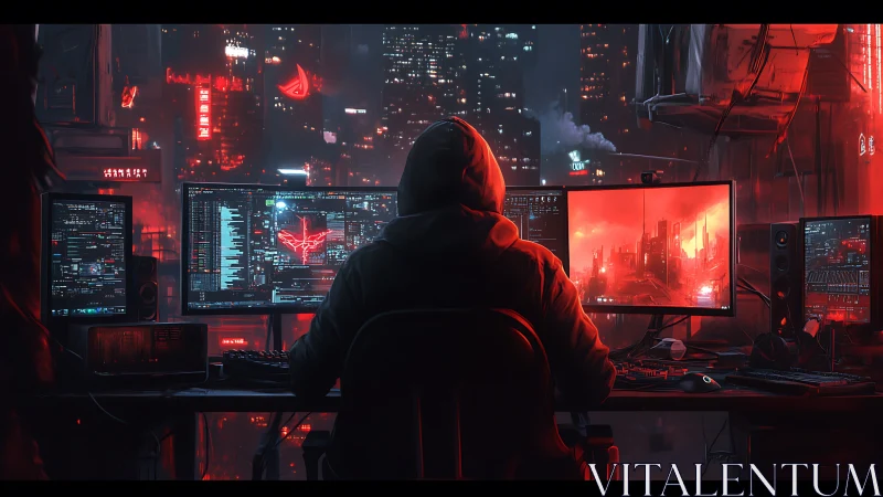 Midnight code-wielder bends a neon city through glowing screens