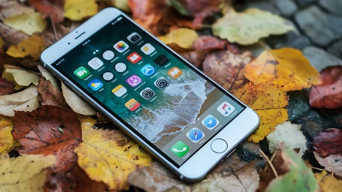 Modern iPhone Resting on Colorful Autumn Leaves