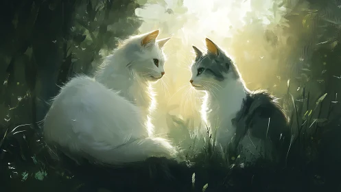 Two Cats in Sunlit Forest Clearing.