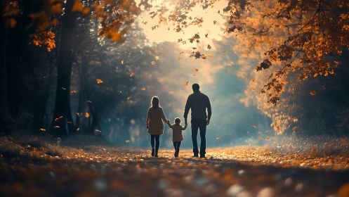 Family silhouettes wander through a glowing autumn dreamway.