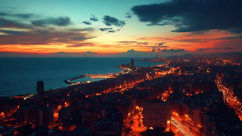 Coastal metropolis skyline under cinematic sunset glow.