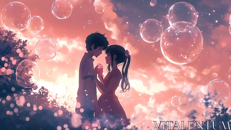 Silhouetted anime couple under bubbles at sunset sky.