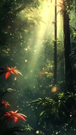 Mystical Jungle Sanctuary With Glowing Particles.