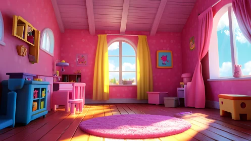 Vibrant 3D-rendered pink children’s bedroom with warm daylight