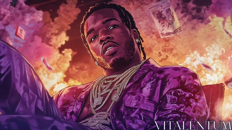 Lavish rap king reclines before blazing neon explosions.