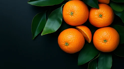 Sunlit oranges resting on deep green leaves in calm contrast.