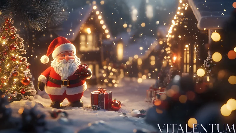 Cozy Santa Claus delivering gifts in a glowing winter village.