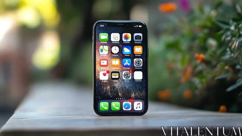 iPhone with Default App Layout on Garden Surface