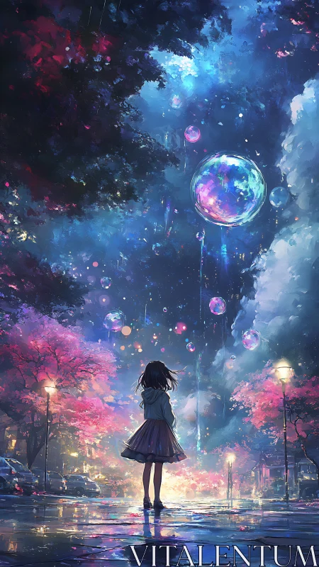 少女が夜の街で浮遊する光球と星雲空を見上げている