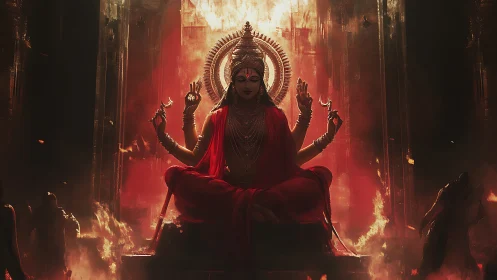 Divine multi-armed goddess in flames on temple throne.
