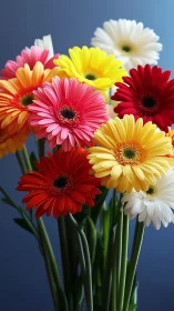 Gerbera Daisies in Multiple Colors Against Blue Background