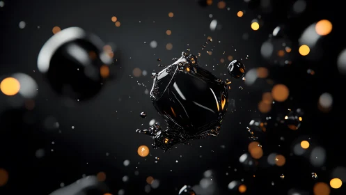 Abstract dark liquid splash with glowing spheres in 3D style.