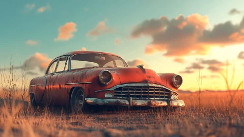 Rusty vintage car sits abandoned in dry grass at sunset