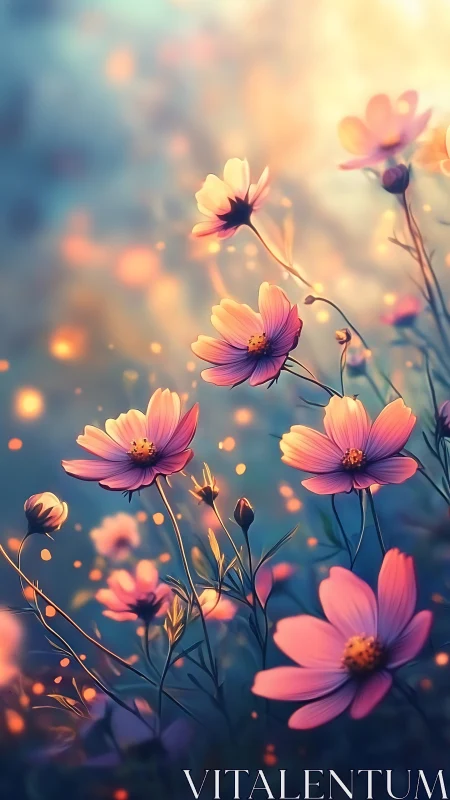 Cosmos flowers with bokeh background in diffused light.