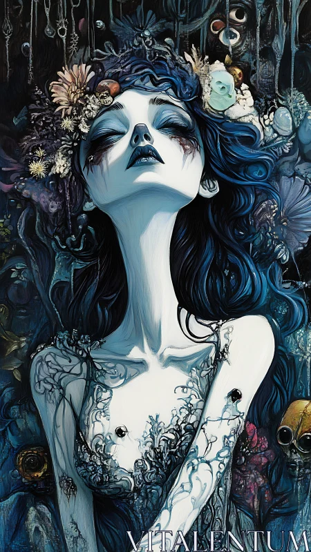 Ethereal blue-haired muse rises in a dark floral dream