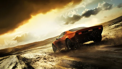 Retro sports car powers through wet desert under storm sky