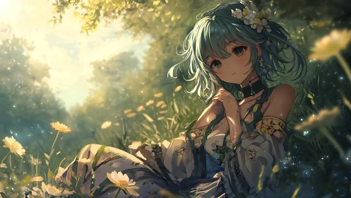 Pastel-haired girl resting in glowing spring meadow light.