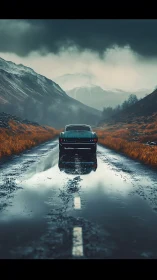 Solitary vintage car chasing storms along a mirror-wet road.