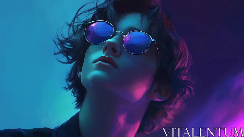 Neon-drenched dreamer in mirrored shades of electric dusk.