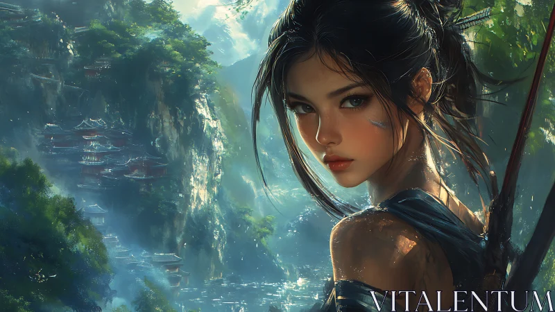 Warrior archer portrait framed against vertically layered cliff temples