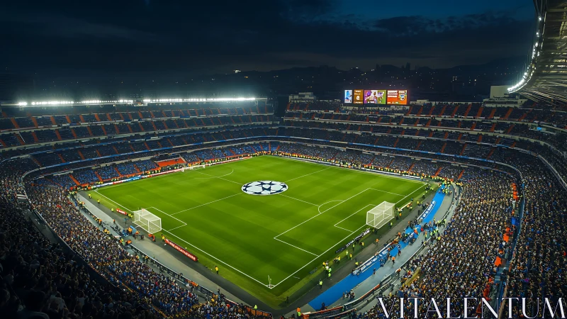 Floodlit football stadium glows at night before kickoff