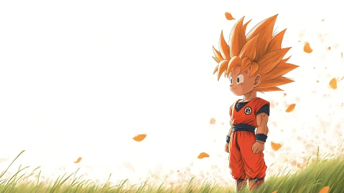 Kid warrior with spiky hair stands in grassy field calmly