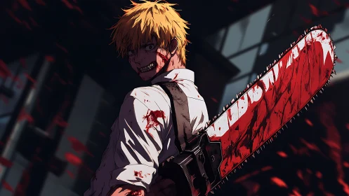 Grinning chainsaw wielder in a storm of crimson petals.