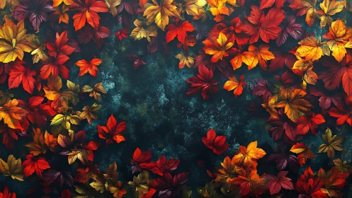 Dense autumn foliage ring frames textured teal negative space