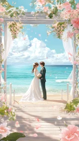 Coastal wedding ceremony in luminous anime-inspired seascape.